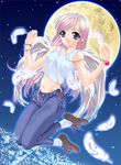  angel blue_eyes copyright_request denim feathers gradient_hair hinoe_riho jeans jumping long_hair midriff moon multicolored_hair pants solo white_hair wings 