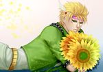  bad_id bad_pixiv_id blonde_hair caesar_anthonio_zeppeli facial_mark fingerless_gloves flower gloves green_eyes green_jacket haruka4413 head_wings headband jacket jojo_no_kimyou_na_bouken male_focus scarf solo sunflower 