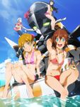  3girls amy_(suisei_no_gargantia) anklet ass back beach bikini black_hair blue_eyes breasts brown_hair butt_crack earrings feet flat_chest green_eyes highres jewelry long_hair melty_(suisei_no_gargantia) multiple_girls necklace ocean saaya_(suisei_no_gargantia) sandals screencap short_hair side-tie_bikini skirt smile suisei_no_gargantia swimsuit toes twintails water yellow_eyes 