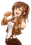  :d ^_^ ^o^ absurdres bad_id bad_pixiv_id belt bread brown_hair closed_eyes emblem food food_on_face highres holding jacket military military_uniform oki(woki) open_mouth paradis_military_uniform ponytail round_teeth sasha_braus shingeki_no_kyojin short_hair simple_background smile solo teeth training_corps_(emblem) uniform white_background 