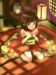  :o bare_shoulders blush brown_hair butaneko highres japanese_clothes kimono kotonoi_sakura lantern looking_at_viewer off_shoulder open_mouth original purple_eyes short_hair sitting solo vase wallpaper wariza 