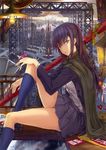  absurdres architecture black_hair blazer blue_legwear cityscape highres huge_filesize jacket kizuki_aruchu kneehighs leg_up long_hair looking_at_viewer non-web_source origami original paper_crane parted_lips pleated_skirt purple_eyes scan scenery school_uniform sitting skirt solo tsurime weapon_bag 