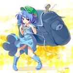  backpack bag blue_eyes blue_hair blueberry_(5959) boots hair_bobbles hair_ornament hat kawashiro_nitori key open_mouth short_hair smile solo touhou two_side_up 