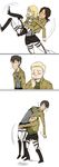  2girls bertolt_hoover black_hair blonde_hair blush boots christa_renz closed_eyes comic freckles highres jacket kfour multiple_boys multiple_girls paradis_military_uniform ponytail reiner_braun shingeki_no_kyojin short_hair thigh_strap uniform ymir_(shingeki_no_kyojin) 