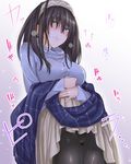  bangs black_hair black_legwear blue_eyes hairband idolmaster idolmaster_cinderella_girls moketa pantyhose sagisawa_fumika shawl skirt skirt_lift sweat 