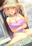  :o bad_id bad_pixiv_id blush breasts brown_eyes brown_hair cccpo cleavage covering flower hand_on_headwear hat hataraku_maou-sama! heart heart_pillow large_breasts nude nude_cover open_mouth pillow ribbon sasaki_chiho sitting solo straw_hat 