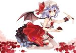  adapted_costume bat_wings blue_hair boots bow cake choker collarbone dress flower food garter_straps hat hat_ribbon jewelry kneeling looking_at_viewer musou_yuchi pendant plate red_eyes red_flower red_rose remilia_scarlet ribbon rose sleeveless sleeveless_dress solo spilling spoon thigh_boots thighhighs touhou white_dress wings wrist_cuffs 