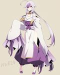  bare_shoulders blonde_hair breasts cleavage clothed clothing female hair hi_res japanese_clothing kimono looking_at_viewer merlusa mienshao multi-colored_hair nintendo oversized_clothes personification plain_background pok&#233;mon pok&eacute;mon ponytail purple_hair red_eyes ribbons simple_background smile solo standing video_games white_hair 