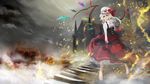  alternate_costume ascot bad_id bad_pixiv_id barefoot blonde_hair blush castle dress fire flandre_scarlet flower hat hat_flower hat_ribbon helichrysum highres laevatein long_sleeves open_mouth red_eyes ribbon rose short_hair side_ponytail smile solo stairs sword touhou weapon wings 