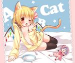  ;p animal_ears black_legwear blonde_hair blush bow bowl breasts cat_ears cat_tail character_doll flandre_scarlet hair_bow hood hoodie irori kemonomimi_mode looking_at_viewer naked_hoodie one_eye_closed open_mouth pet_bowl red_eyes remilia_scarlet sexually_suggestive side_ponytail small_breasts solo tail thighhighs tongue tongue_out touhou wings 