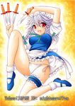  :d apron blush braid breasts covered_nipples frills izayoi_sakuya knife leg_garter long_hair maid maid_headdress medium_breasts nightmare77zx open_mouth panties puffy_sleeves red_eyes side-tie_panties silver_hair smile solo touhou twin_braids underwear 