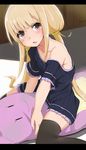  between_legs black_dress black_legwear blonde_hair dress futaba_anzu idolmaster idolmaster_cinderella_girls long_hair low_twintails off_shoulder open_mouth ratsuku_kinoko red_eyes sitting solo straddling stuffed_toy twintails 