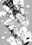  3boys barefoot bud_(korovsme) carrying child curly_hair dio_brando double_bun dress father_and_daughter father_and_son giorno_giovanna greyscale hat heart jojo_no_kimyou_na_bouken kuujou_jolyne kuujou_joutarou millipen_(medium) monochrome multiple_boys shoulder_carry traditional_media upside-down younger 