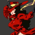  black_gloves black_hair breasts carmen_sandiego carmen_sandiego_(series) curly_hair fedora gloves hat hat_over_one_eye large_breasts lips lipstick long_coat long_hair makeup naked_coat naso4 navel no_panties out-of-frame_censoring rope scarf 