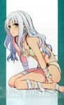  absurdres bandages barefoot bra breasts caren_hortensia cleavage fate/hollow_ataraxia fate_(series) green_bra green_panties highres huge_filesize leaning_forward long_hair morii_shizuki panties parted_lips scan silver_hair sitting small_breasts solo underwear underwear_only wariza yellow_eyes 