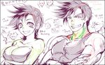  1girl breast_hold breasts character_sheet cleavage covered_nipples dual_persona genderswap genderswap_(mtf) grin jojo_no_kimyou_na_bouken joseph_joestar_(young) large_breasts muscle partially_translated pectorals sadahara_inako sketch smile translation_request upper_body 