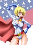  belt blonde_hair blue_eyes cape cleavage_cutout dc_comics gloves leotard loose_belt paki_aki power_girl short_hair solo 