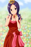  aokura_shou bare_shoulders crown dress flower fresh_precure! higashi_setsuna highres jewelry looking_at_viewer pink_eyes precure purple_hair red_dress red_flower red_rose ribbon ring rose short_hair smile solo 