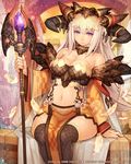  arm_support bare_shoulders black_legwear breasts bustier cleavage feathers horns large_breasts long_hair looking_at_viewer midriff navel original purple_eyes seikon_no_arcana shigatake sitting solo staff tattoo thighhighs white_hair 