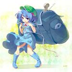  backpack bag blue_eyes blue_hair blueberry_(5959) boots hair_bobbles hair_ornament hat kawashiro_nitori key open_mouth short_hair smile solo touhou two_side_up 