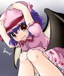  1girl bat_wings bloomers cowering dress dutch_angle fang gradient gradient_background hat hat_ribbon knees_to_chest looking_at_viewer mob_cap open_mouth purple_hair red_eyes remilia_scarlet ribbon sakamoto_aoi short_hair simple_background solo sweat touhou underwear wings 