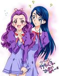  ? artist_request blue_eyes blue_hair blush clothes_grab couple embarrassed index_finger_raised l'ecole_des_cinq_lumieres_school_uniform long_hair milk_(yes!_precure_5) mimino_kurumi minazuki_karen multiple_girls pink_eyes precure purple_hair purple_skirt school_uniform skirt translated wavy_hair yes!_precure_5 yes!_precure_5_gogo! yuri 