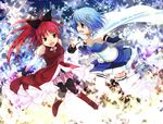  bare_shoulders birman_h black_legwear blue_eyes blue_hair boots cape elbow_gloves fang gloves hair_ornament hair_ribbon hairclip holding_hands long_hair mahou_shoujo_madoka_magica miki_sayaka multiple_girls open_mouth ponytail red_eyes red_hair ribbon sakura_kyouko short_hair skirt star thighhighs white_legwear 