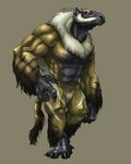  biceps black_fur body_markings brown_background brown_eyes brown_fur claws fur hair male markings muscles nude pecs plain_background pose shaggy sheath solo standing stripes tesso toe_claws toned vein white_fur white_hair yellow_eyes 
