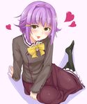  :p bow bowtie brown_eyes hair_ornament hairclip heart idolmaster idolmaster_cinderella_girls koshimizu_sachiko moketa pantyhose purple_hair school_uniform short_hair skirt solo tongue tongue_out 