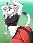  2018 absurd_res anthro big_breasts black_markings black_topwear blue_eyes braided_hair breasts caracal clothed clothing crop_top digital_media_(artwork) dipstick_tail ellie_(yaegerarts) feline female fully_clothed fur garter_belt_leggings gradient_background hair hi_res long_hair low-angle_view mammal markings midriff multicolored_tail open_mouth pink_nose raised_arm red_bottomwear shaded shirt simple_background slit_pupils solo thick_thighs voluptuous white_body white_fur white_hair wide_hips yaegerarts 