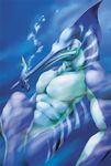  anthro biceps blue_eyes blue_skin body_markings cool_colors fingering fish fishmen frown green_skin male marine markings marlin muscles nude pecs pose scales solo stripes tesso toned underwater water white_skin 