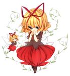  a-iueo blonde_hair blouse blue_eyes boots bow chibi covering_mouth cross-laced_footwear full_body hair_ribbon hands_on_own_face leaf looking_at_viewer medicine_melancholy one_eye_closed plant ribbon short_hair simple_background skirt solo su-san touhou vines white_background wings 