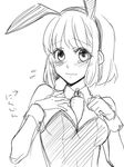  bad_id bad_pixiv_id between_breasts blush breasts bunnysuit carrot chihiro_(onigiri) greyscale looking_at_viewer medium_breasts monochrome nanami_haruka short_hair simple_background solo tears translated uta_no_prince-sama white_background 