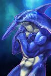  anthro biceps blue_skin crossed_arms eyes_closed fish fishmen frown gills grey_skin gweek male marine muscles nude pecs pose sawshark scales scar shark solo standing toned underwater vein water white_skin 