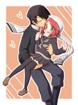  1girl ban_airi black_legwear carrying couple devil_survivor_2 heart hetero kiss megami_ibunroku_devil_survivor princess_carry red_hair school_uniform serafuku short_hair skirt taiki_(6240taiki) thighhighs torii_jungo 