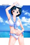  1girl bishoujo_senshi_sailor_moon blue_eyes blue_hair blue_sky cloud female hat mizuno_ami ocean pixiv_thumbnail resized sailor sailor_collar sailor_hat sailor_mercury short_hair sky solo swimsuit twkr water 