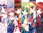  alice_margatroid ascot blonde_hair blue_eyes blue_hair bow breasts brown_eyes brown_hair column_lineup dress dress_shirt green_hair hair_bow hairband hakurei_reimu hat head_wings koakuma kochiya_sanae large_breasts multiple_girls necktie no_bra one_eye_closed open_clothes open_shirt pink_eyes pink_hair pinstripe_pattern red_eyes red_hair rei_(rei's_room) remilia_scarlet ribbon saigyouji_yuyuko shirt short_hair smile strap_slip striped touhou triangular_headpiece white_dress 