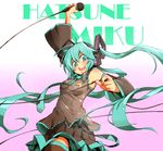  arm_up character_name detached_sleeves green_eyes green_hair hatsune_miku headphones long_hair microphone nakatomo108 necktie open_mouth skirt solo thighhighs twintails very_long_hair vocaloid 