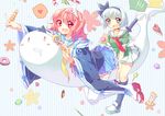  alternate_costume bad_id bad_pixiv_id blue_eyes cake candy dango doughnut food hair_ribbon japanese_clothes katana konpaku_youmu konpaku_youmu_(ghost) multiple_girls pf pink_eyes pink_hair ribbon saigyouji_yuyuko school_uniform serafuku silver_hair sword touhou triangular_headpiece wagashi weapon wide_sleeves 