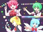  4girls antennae blonde_hair blue_eyes blue_hair cirno fang green_eyes green_hair hair_ribbon hat ice ice_wings multiple_girls mystia_lorelei niiya pink_eyes pink_hair red_eyes ribbon rumia team_9 touhou wings wriggle_nightbug 