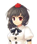  black_hair commentary_request ebizome hat highres looking_at_viewer red_eyes shameimaru_aya smile solo tokin_hat touhou wavy_hair 
