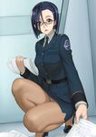  glasses highres kyodairobo looking_down military military_uniform niimi_kaoru panties pantyhose pantyshot pantyshot_(squatting) paper short_hair solo squatting uchuu_senkan_yamato uchuu_senkan_yamato_2199 underwear uniform white_panties 