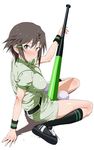  arm_support bad_id bad_pixiv_id baseball baseball_bat baseball_uniform belt between_legs blush brown_eyes brown_hair hair_ornament hairclip highres looking_back masaki_nonoka photokano sexually_suggestive shino_(comic_penguin_club) short_hair shorts sitting socks solo sportswear sweat wariza wristband 