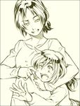  cheek_pinching christa_renz freckles grin monochrome multiple_girls pinching secret-korea shingeki_no_kyojin size_difference smile wince ymir_(shingeki_no_kyojin) 