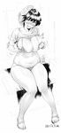  belly bikini blush breasts dated fang flying_sweatdrops greyscale highres large_breasts looking_at_viewer monochrome navel original orushibu plump sandals shirt_lift short_hair smile solo swimsuit tank_top translation_request wide_hips 