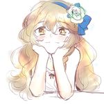  blonde_hair blush flower hair_flower hair_ornament kayako_(tdxxxk) kirisame_marisa long_hair looking_at_viewer simple_background smile solo touhou wavy_hair white_background yellow_eyes 