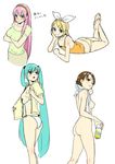  alcohol ass barefoot beer bikini blonde_hair blue_eyes blush breasts brown_eyes brown_hair can chin_rest covered_nipples crossed_arms downblouse feet green_hair hair_ornament hairband hairclip hatsune_miku highres kaba_(flusspferd) kagamine_rin large_breasts long_hair lying medium_breasts megurine_luka meiko multiple_girls nipple_slip nipples nude on_stomach panties pink_hair short_hair small_breasts smile striped striped_panties swimsuit tank_top the_pose towel twintails twisted_torso underwear undressing very_long_hair vocaloid wardrobe_malfunction 