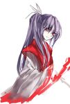  hair_ribbon hug_(yourhug) japanese_clothes kimono light_smile long_hair meira ponytail purple_hair red_eyes ribbon samurai sketch smile solo touhou touhou_(pc-98) upper_body wide_sleeves 