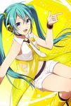 akatsuki_(4941086) aqua_hair bad_id bad_pixiv_id blue_eyes copyright_name hatsune_miku headset kneehighs long_hair looking_at_viewer navel necktie open_mouth shorts solo twintails vocaloid yellow_(vocaloid) 