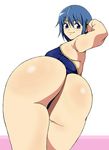  1girl ass blue_eyes blue_hair eleven(pixiv3341011) eleven929rr from_below hair_ornament hairclip huge_ass looking_down mahou_shoujo_madoka_magica miki_sayaka short_hair smile thong 